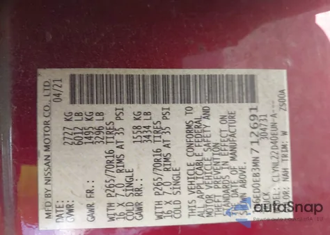 2021 Nissan Frontier Sv 4X4 from USA, damaged, VIN 1N6ED0EB3MN712691